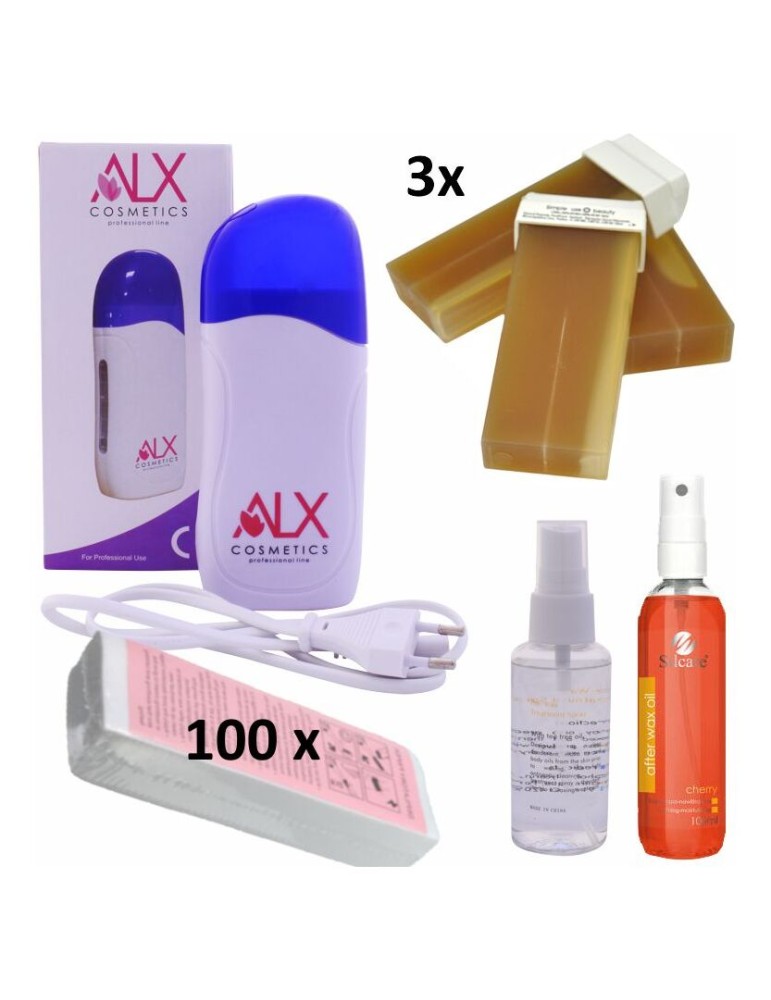 Πακέτο Αποτρίχωσης ALX με συσκευή, 3 Ρολέτες, 100 ταινίες, λάδι αποτρίχωσης και pre wax spray